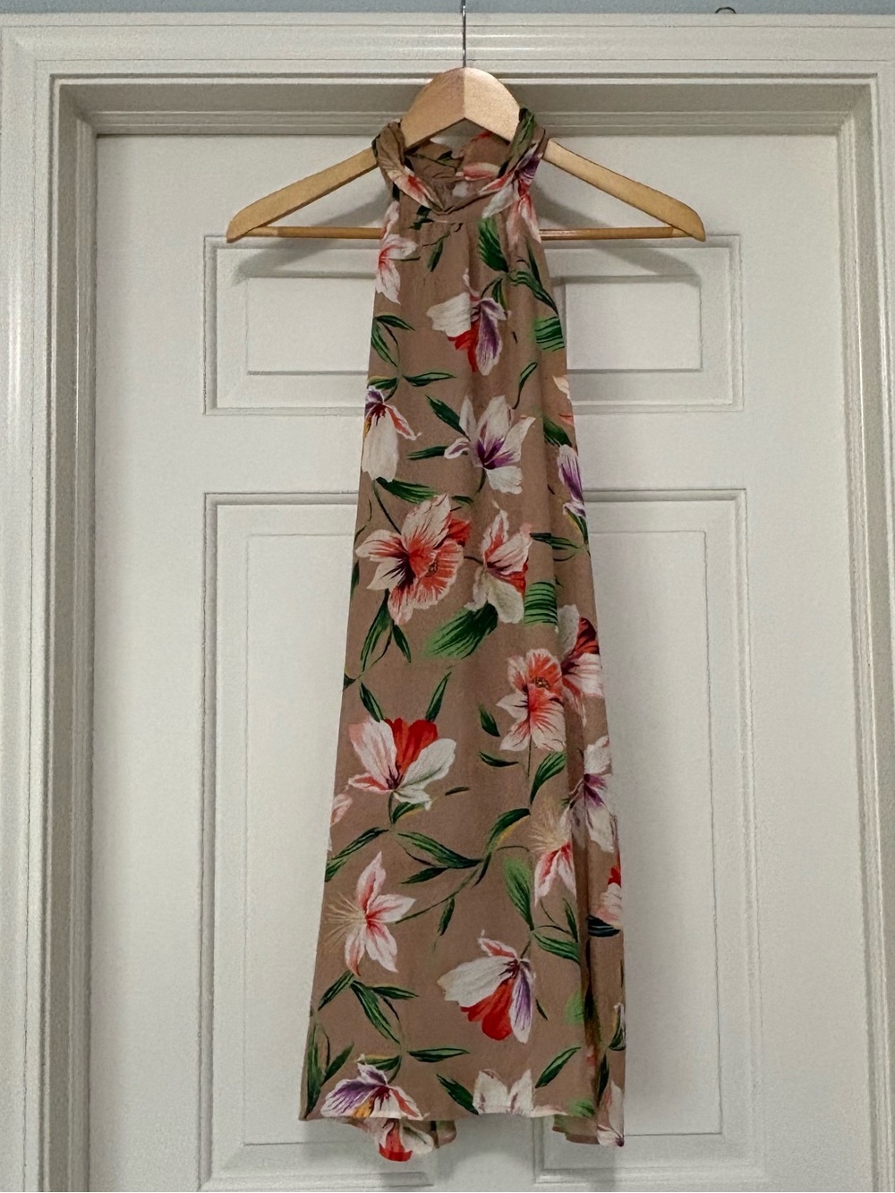 Lush Tropical Floral Halter Mini Dress Tan Pink White Size M